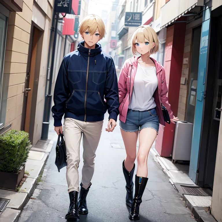 2D anime style、Blue eyes、Adults、Breasts are large、Blonde shorthair、Beautuful Women、shortpants、knit、jaket、boots、full bodyesbian、Will、anime style cool guy、tobacco、Casual Fashion、date、Walking
