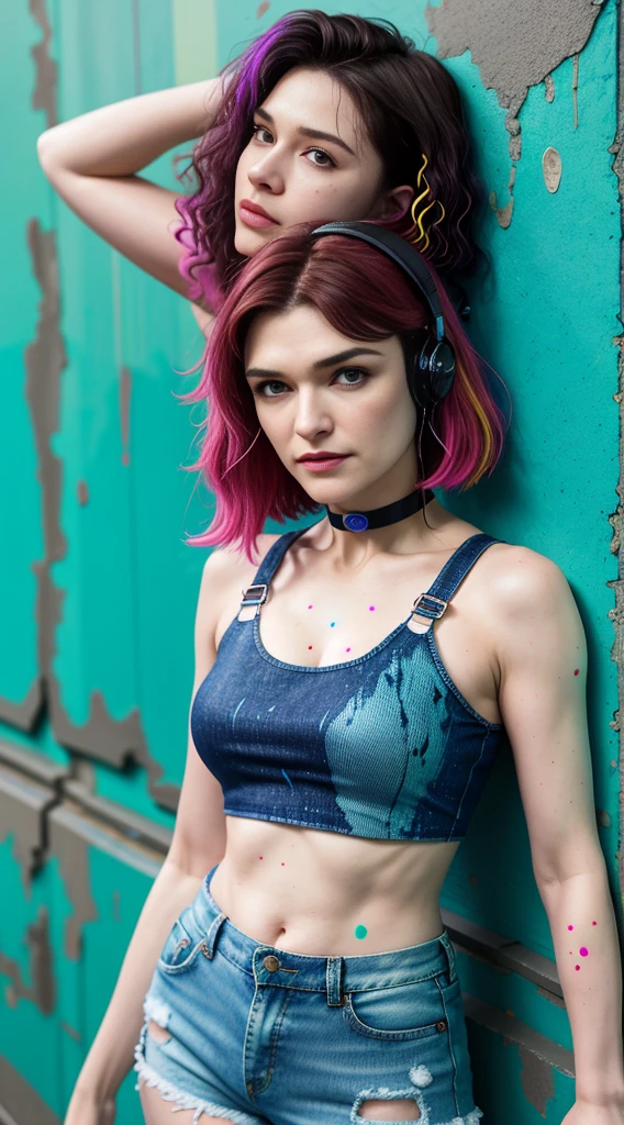 Rachel Weisz、masterpiece, top-quality, 1girl in, 独奏, croptop, Denim shorts, a choker, (doodle:1.5), Paint Splatter, arms behind back, Hitting a wall, Look at viewers, Armbands, Thigh strap, Paint on the body, tilt of the head, tedium, O cabelo multicolorido, Aqua Eye, headset on head,