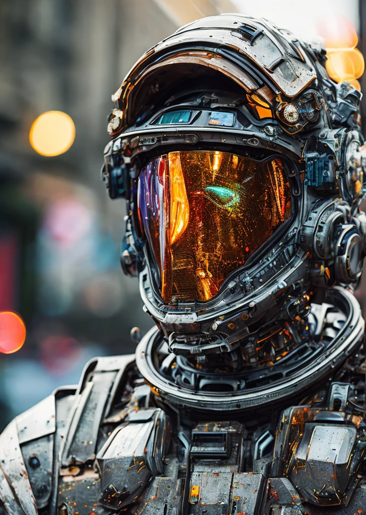 Portrait photo of transparent camo worn mech suit, ((light bokeh)), intricate, ((translucent) liquid water [rust]), elegant, sharp focus, photo by greg rutkowski, soft lighting, vibrant colors, masterpiece, ((streets)), detailed face