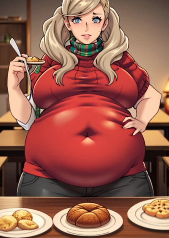 celestial lundenberg, fat, obese, pregnant, big belly, fat, black hair, drill hair, Christmas, wearing a sweater, table with food, fat, sitting