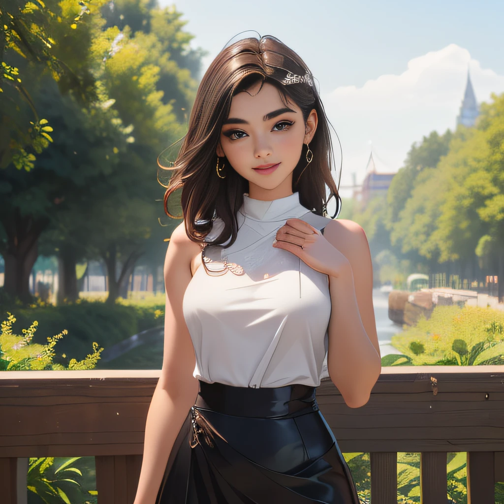 (Extremely detailed 8k wallpaper:2), (photo:2), (26 years old soigne Beautiful girl:2), (gives a lecture to friends:2), detailed (Face and eyes), (hyper realistic:1), (highly detailed:1), (epic realistic:1), rim light, (maximum details:1), cozy, (fullbody:1.3), (looking at viewer:2), (Woman's Attractive Qualities:2), (Attractive Woman:2), (Attractive:2), Smile, Intelligence, Empathy, Gracefulness, Sense of Style, Fitness, Grooming, Optimism, (Sensitivity:2), Sincerity, Romantic Gestures, Playfulness, Fashion Sense, (Sensuality:2), Charm, Modesty, Thoughtfulness, (Femininity:1), Flirtatiousness, Warmth, (Physical attractiveness:2), A beautiful smile, A love of life, strength and power, vulnerability, curiosity, wonder, love, (nature background:2), kawaii, waifu, Beautiful breasts, (attractive body:2), (Beautiful body:2), Beautiful pose, attractive pose, (Beautiful legs:1.0), (Beautiful clothes:1), (classic clothes:2), (elegant clothes:2), (European clothes:2), detailed clothes, (skirt:1), (blouse:1), (provocative pose)