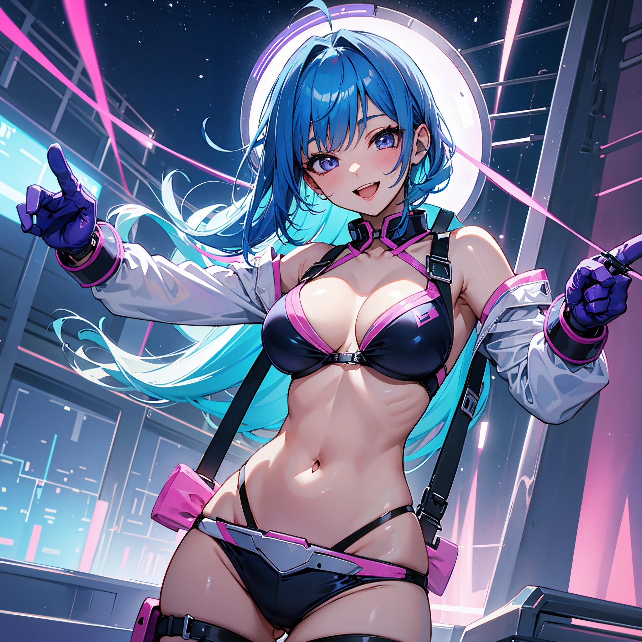 ;D, Smile,, Blue hair, breasts, Pink and purple gloves, blue strip bikini,nighttime scene、