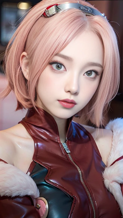 young woman, porcelain skin, short pale pink hair, pink eyebrows, jade green eyes, buttoned nose, thick peach lips, heart-shaped face, wide forehead, red leather clothing, Sakura Haruno, realism, 3d