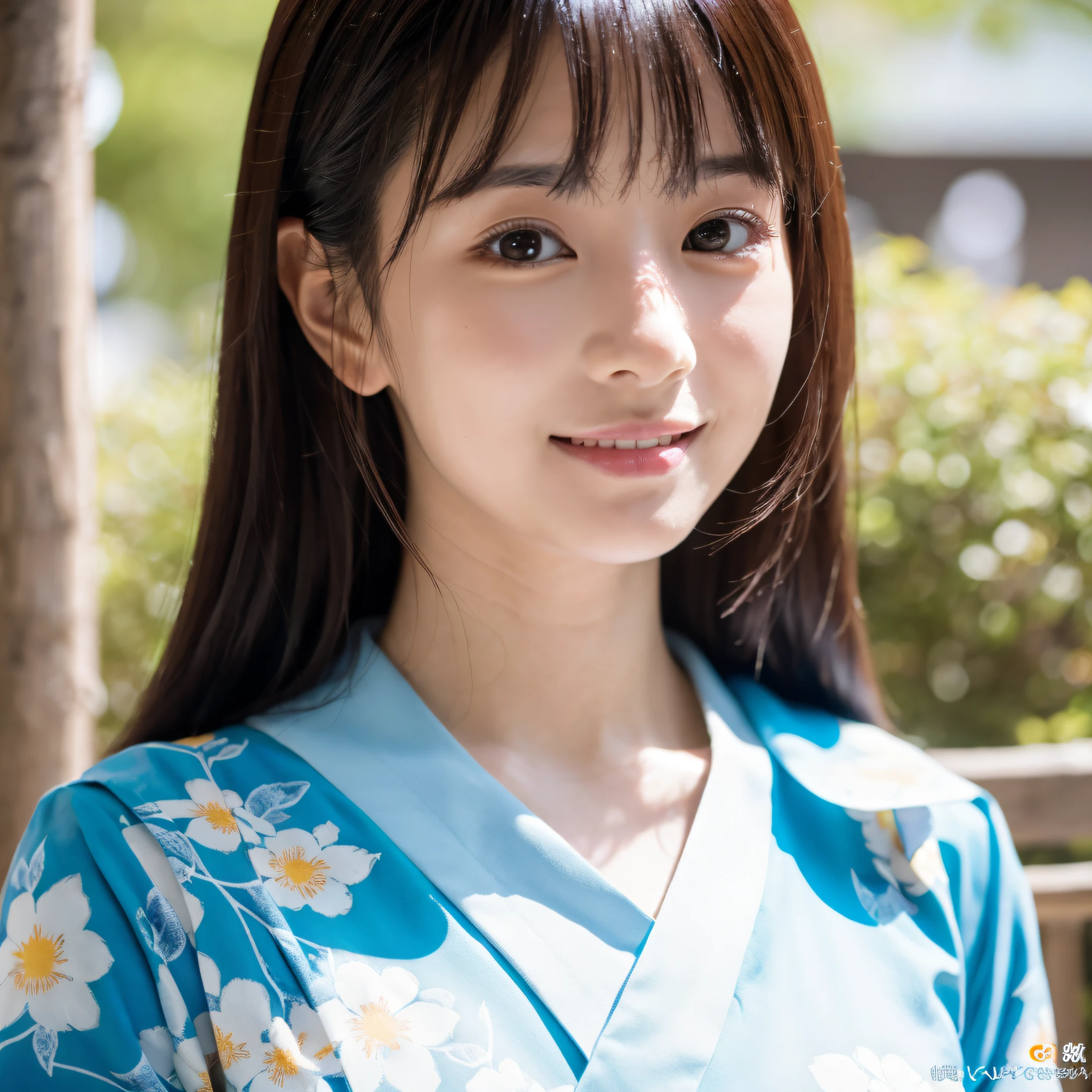 （8k、Raw photography、highest quality、masterpiece：1.2),(black haired、curly ponytail:1.7),show viewer,Looking at the front,erotic,white skin,(Wearing a kimono with a colorful floral pattern:1.6)、(Clothing that emphasizes the shape of your chest、expose one&#39;s skin:1.5)、(big breasts :1.4)、slim body shape、ultra high resolution,beautiful,beautiful fece,(alone, alone、no background:1.9),whole bodyボディー,japanese woman,（Photoreal：1.37）、photon mapping,reality、(Baby-faced and cute: 1.0)、(cute smile: 1.7)、(With a round face: 1.8)、radio city、Physically based rendering、depth of field rally background、photograph, (I can see your knees,close up of thighs、short kimono、I can see your pants:1.6),whole body、super fine