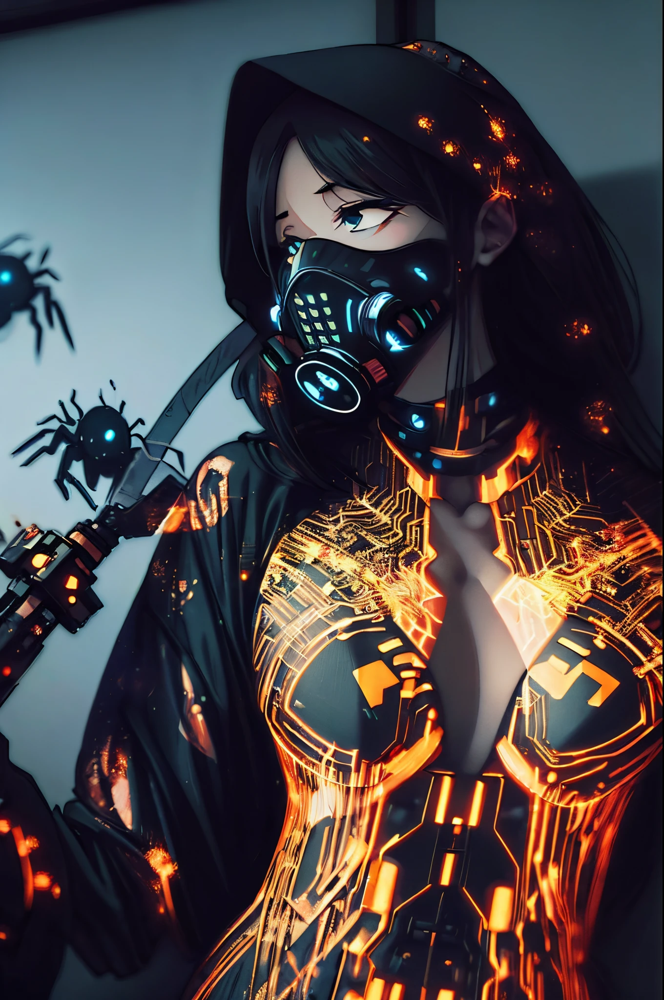 A woman wearing a bodysuit with a glowing circuit pattern. She wears a kimono with a spider web pattern. countless spiders. gas mask. Tired eyes. He has a shining sword. Indoors.