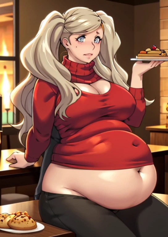 fat, large belly, standing, grabbing belly, very fat, large stomach, chubby (best quality, masterpiece), fat belly, at, large belly, standing, grabbing belly, very fat, large stomach, chubby (best quality, masterpiece), thanksgiving, wearing sweater, grabbing belly, sitting down, table with of food, table tons of food, lots of food, holding belly, table with food, sitting, wearing sweater, Christmas, Holiday, Christmas cookies, Ann takamki