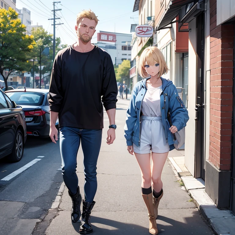 2D anime style、Blue eyes、Adults、Breasts are large、Blonde shorthair、Beautuful Women、shortpants、knit、jaket、boots、full bodyesbian、Will、Anime style cool adult man、tobacco、Casual Fashion、date、Walking