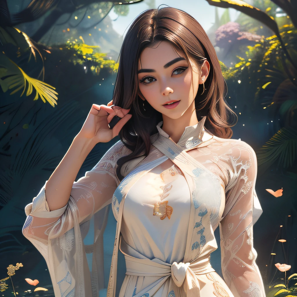 (Extremely detailed 8k wallpaper:2), (photo:2), (26 years old soigne Beautiful girl:2), (gives a lecture to friends:2), detailed (Face and eyes), (hyper realistic:1), (highly detailed:1), (epic realistic:1), rim light, (maximum details:1), cozy, (fullbody:1.3), (looking at viewer:2), (Woman's Attractive Qualities:2), (Attractive Woman:2), (Attractive:2), Smile, Intelligence, Empathy, Gracefulness, Sense of Style, Fitness, Grooming, Optimism, (Sensitivity:2), Sincerity, Romantic Gestures, Playfulness, Fashion Sense, (Sensuality:2), Charm, Modesty, Thoughtfulness, (Femininity:1), Flirtatiousness, Warmth, (Physical attractiveness:2), A beautiful smile, A love of life, strength and power, vulnerability, curiosity, wonder, love, (nature background:2), kawaii, waifu, Beautiful breasts, (attractive body:2), (Beautiful body:2), Beautiful pose, attractive pose, (Beautiful legs:1.0), (Beautiful clothes:1), (classic clothes:2), (elegant clothes:2), (European clothes:2), detailed clothes, (skirt:1), (blouse:1), (provocative pose)
