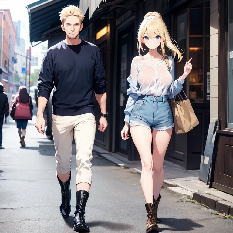 2D anime style、Blue eyes、Adults、Breasts are large、Blonde shorthair、Beautuful Women、shortpants、knit、jaket、boots、full bodyesbian、Will、anime style tall man、Casual Fashion、date、Walking