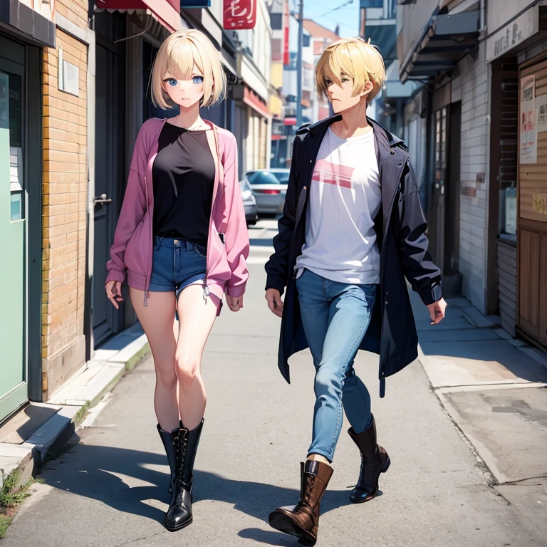 2D anime style、Blue eyes、Adults、Breasts are large、Blonde shorthair、Beautuful Women、shortpants、knit、jaket、boots、full bodyesbian、Will、anime style tall man、Casual Fashion、date、Walking
