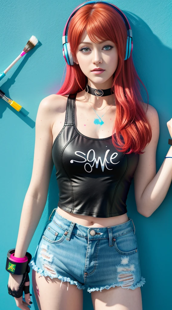 Katherine McNamara、masterpiece, top-quality, 1girl in, 独奏, croptop, Denim shorts, a choker, (doodle:1.5), Paint Splatter, arms behind back, Hitting a wall, Look at viewers, Armbands, Thigh strap, Paint on the body, tilt of the head, tedium, O cabelo multicolorido, Aqua Eye, headset on head,