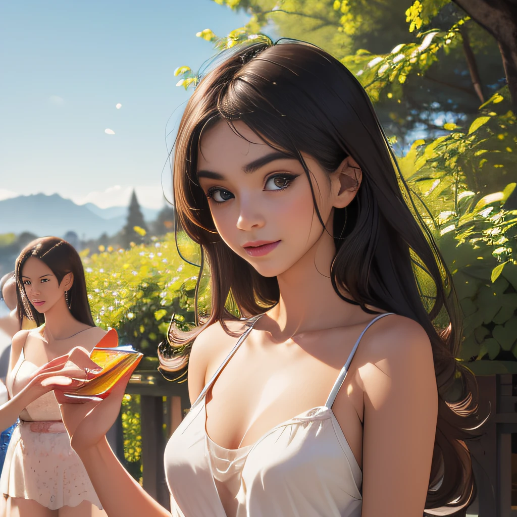 (Extremely detailed 8k wallpaper:2), (photo:2), (26 years old soigne Beautiful girl:2), (gives a lecture to friends:2), detailed (Face and eyes), (hyper realistic:1), (highly detailed:1), (epic realistic:1), rim light, (maximum details:1), cozy, (fullbody:1.3), (looking at viewer:2), (Woman's Attractive Qualities:2), (Attractive Woman:2), (Attractive:2), Smile, Intelligence, Empathy, Gracefulness, Sense of Style, Fitness, Grooming, Optimism, (Sensitivity:2), Sincerity, Romantic Gestures, Playfulness, Fashion Sense, (Sensuality:2), Charm, Modesty, Thoughtfulness, (Femininity:1), Flirtatiousness, Warmth, (Physical attractiveness:2), A beautiful smile, A love of life, strength and power, vulnerability, curiosity, wonder, love, (nature background:2), kawaii, waifu, Beautiful breasts, (attractive body:2), (Beautiful body:2), Beautiful pose, attractive pose, (Beautiful legs:1.0), (Beautiful clothes:1), (classic clothes:2), (elegant clothes:2), (European clothes:2), detailed clothes, (skirt:1), (blouse:1), (provocative pose)