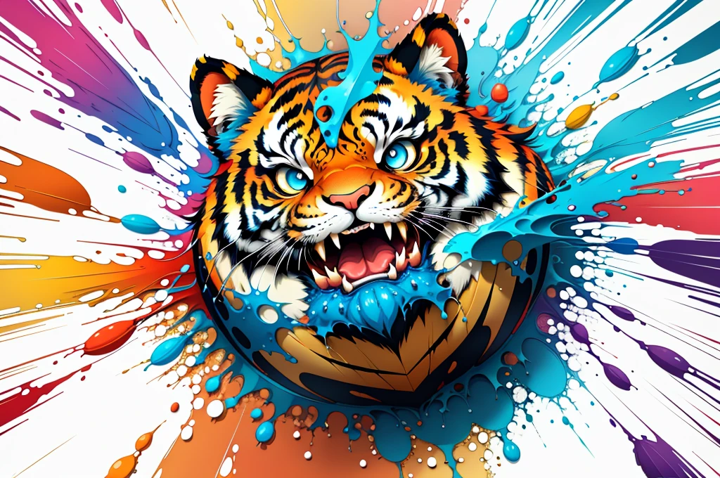 distorted face art of a vibrantly colored cartoon tiger candy in the form of a shield with brush TECHNIQUE and splash effects