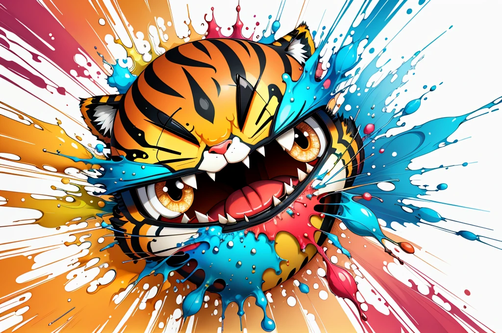 distorted face art of a vibrantly colored cartoon tiger candy in the form of a shield with brush TECHNIQUE and splash effects