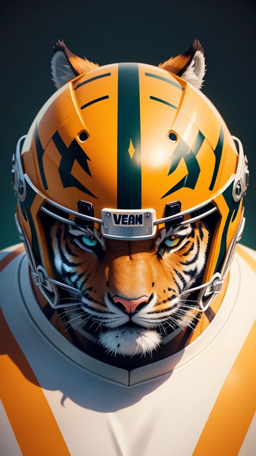 Illustration logo style of a tiger wearing an American football helmet, bola oval, vetor pro, cores brilhantes, Salpicos, High definition, detalhes finos