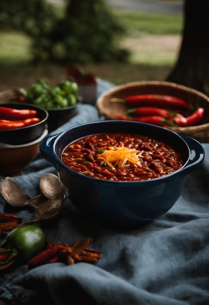 A photo of a warm bowl of chili placed on a picnic blanket at a local park,original,Bowlofchili looks exactly like a bowl of chili