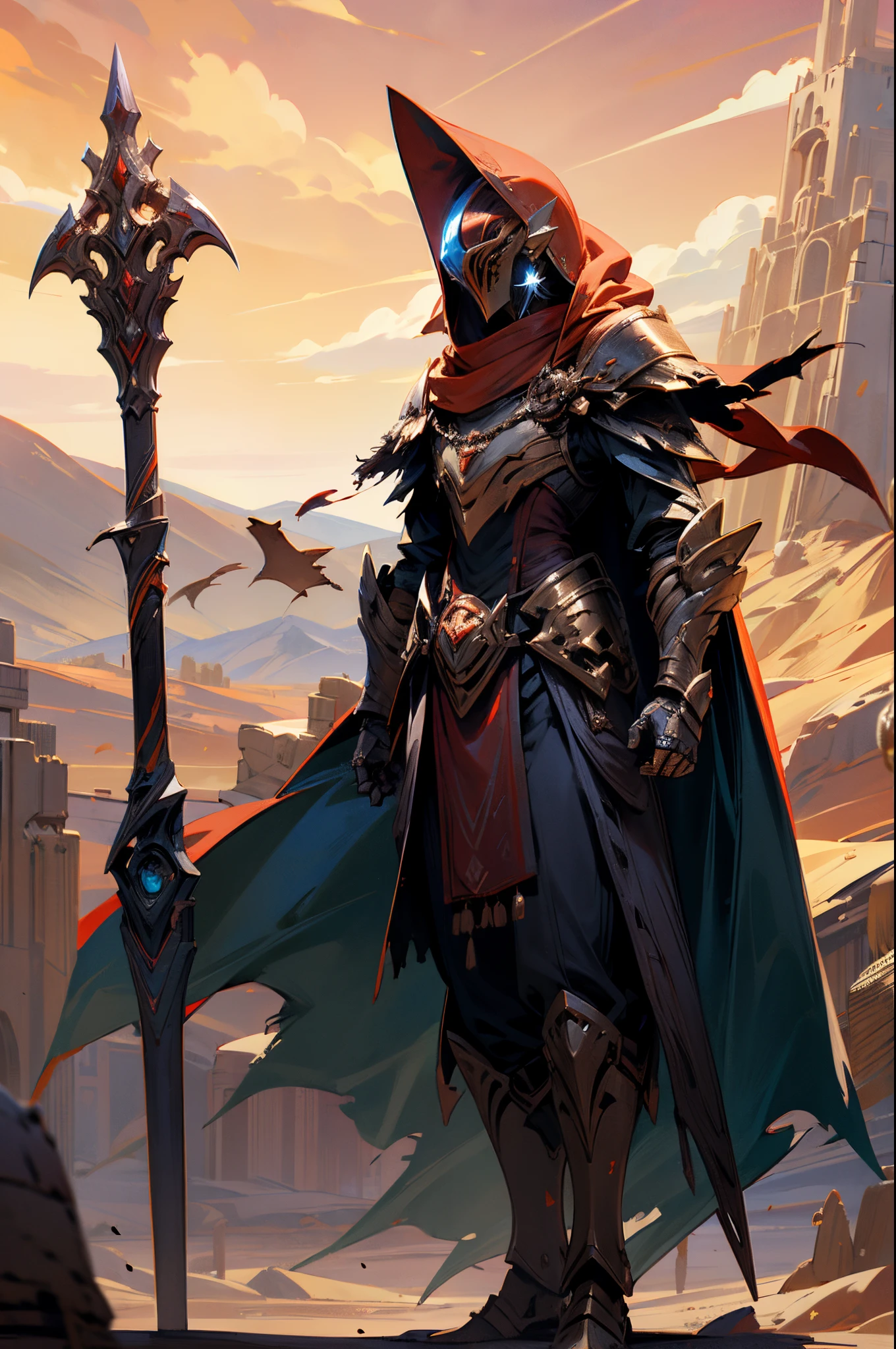 Azri,armor, blue cape, cape, cloud, cloudy sky, desert, dusk, embers, evening, fire, gauntlets, gradient sky, helmet, holding, holding weapon, horizon, mountain, orange sky, outdoors, red cape, red sky, sky, solo, standing, sun, sunrise, sunset, torn cape, torn clothes, twilight, weapon, yellow sky