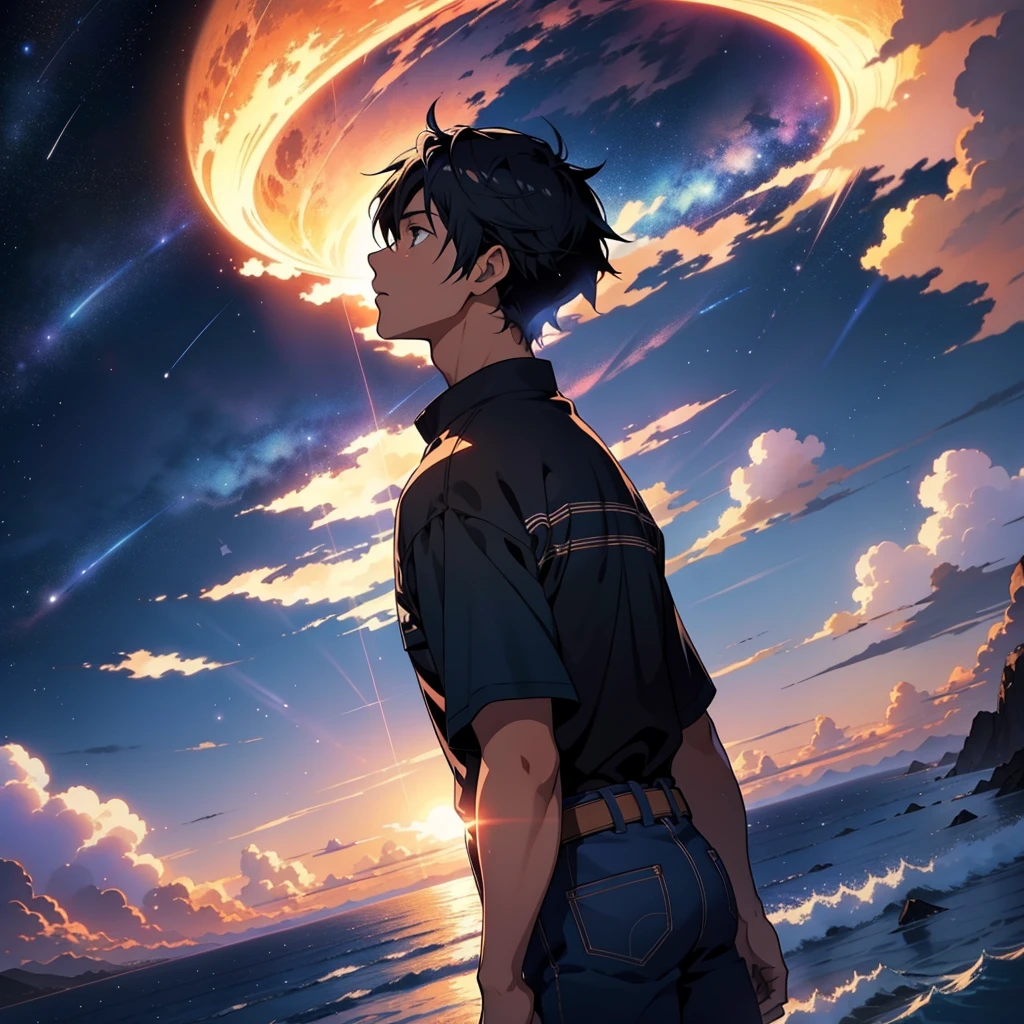 Seise Dark boy, pele branca, camisa branca, Jaqueta azul, Seis, Anime wallpapers with views of the sky and stars, cosmic skies. Por Makoto Shinkai, Seise Art Wallpaper 4K, Seise Art Wallpaper 4K, Seise Art Wallpaper 8K, anime sky, paper awesome wallpaper, 4k anime wallpapers, 4k anime wallpapers, 4k anime wallpapers, Makoto Shinkai Cirilo Rolando, shining, Deus Luzes, ondas de luz, Cidade do Futuro, olhos azuis, Cidade de Cyborg.