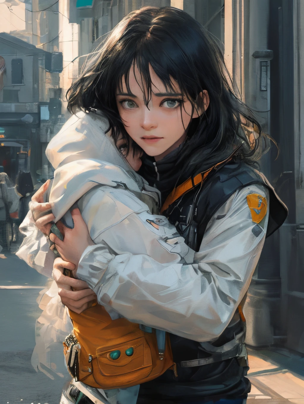 generate photo girl with black hair and green eyes hugging blond boy with black eyes in pixar style