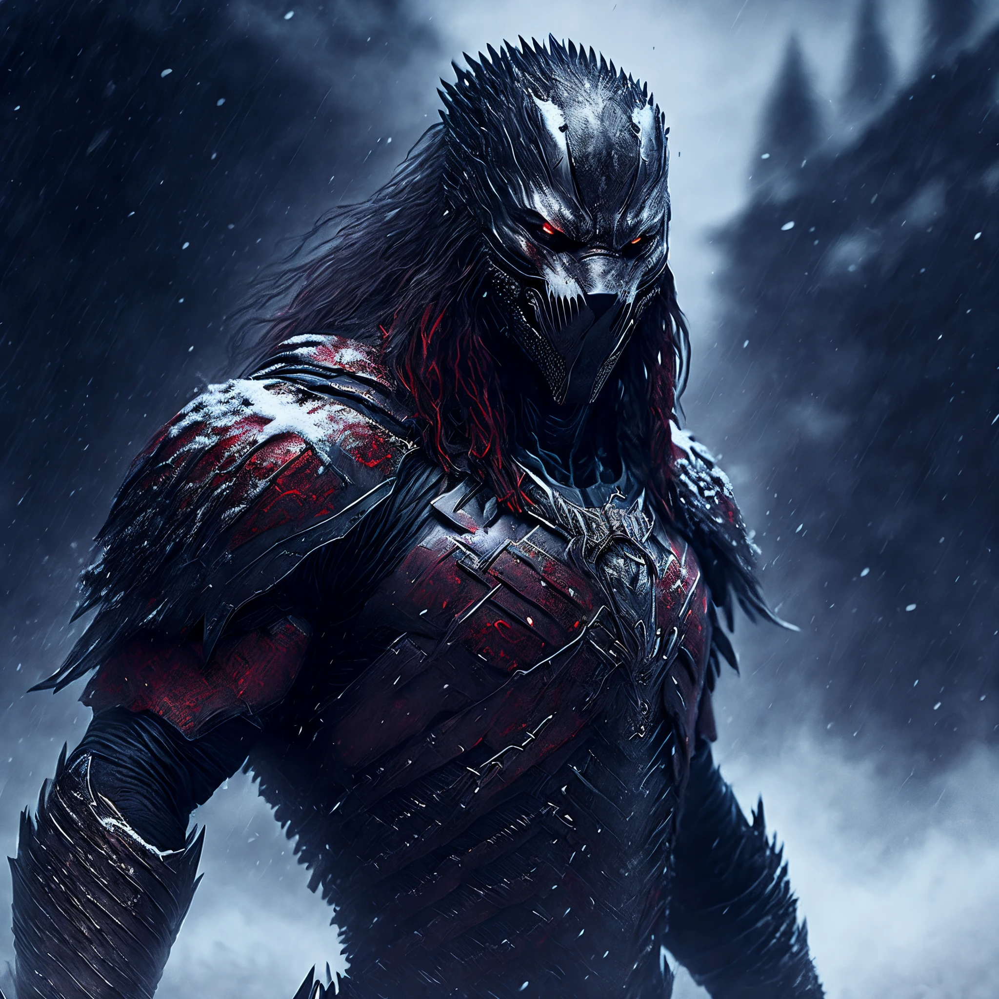 Close-up ( bloody predator man from Marvel in Goth style: 1.3) emerging from the thick snow fog, well detailed, fog storm, sparks, metal shavings, flying debris, volumetric light