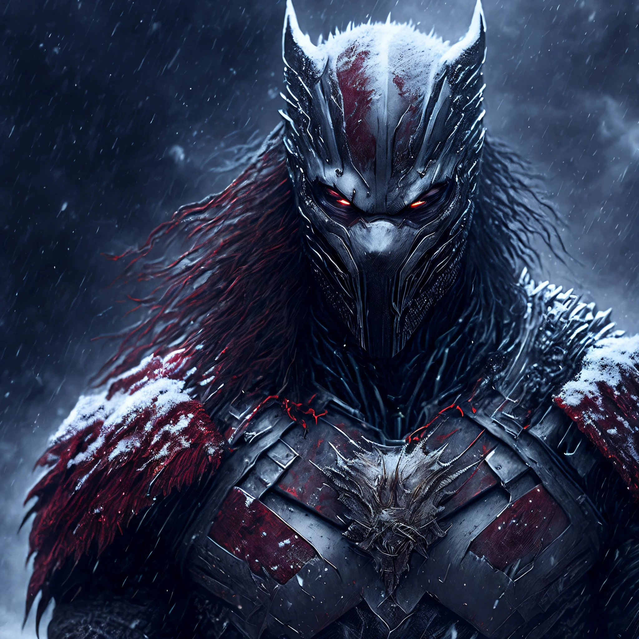 Close-up ( bloody predator man from Marvel in Goth style: 1.3) emerging from the thick snow fog, well detailed,  fog storm, sparks, metal shavings, flying debris, volumetric light