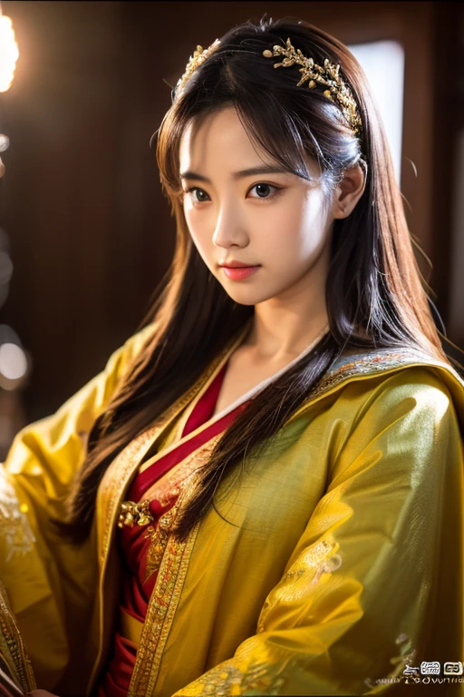 (Raw photo, Best Quality), (Realistic, photographrealistic: 1.3), Best Quality, Highly detailed, masutepiece, Hyper-detailing, Illustration, 1 girl, Paintings and foreheads, 上半身_Body, Dynamic Angle, world masterpiece theater, Messy_long_hair, Best Quality, extremely detailed CG unified 8k wallpaper, inky, amazing, Cinematic lighting, lens_f lare,dunhuang_Style