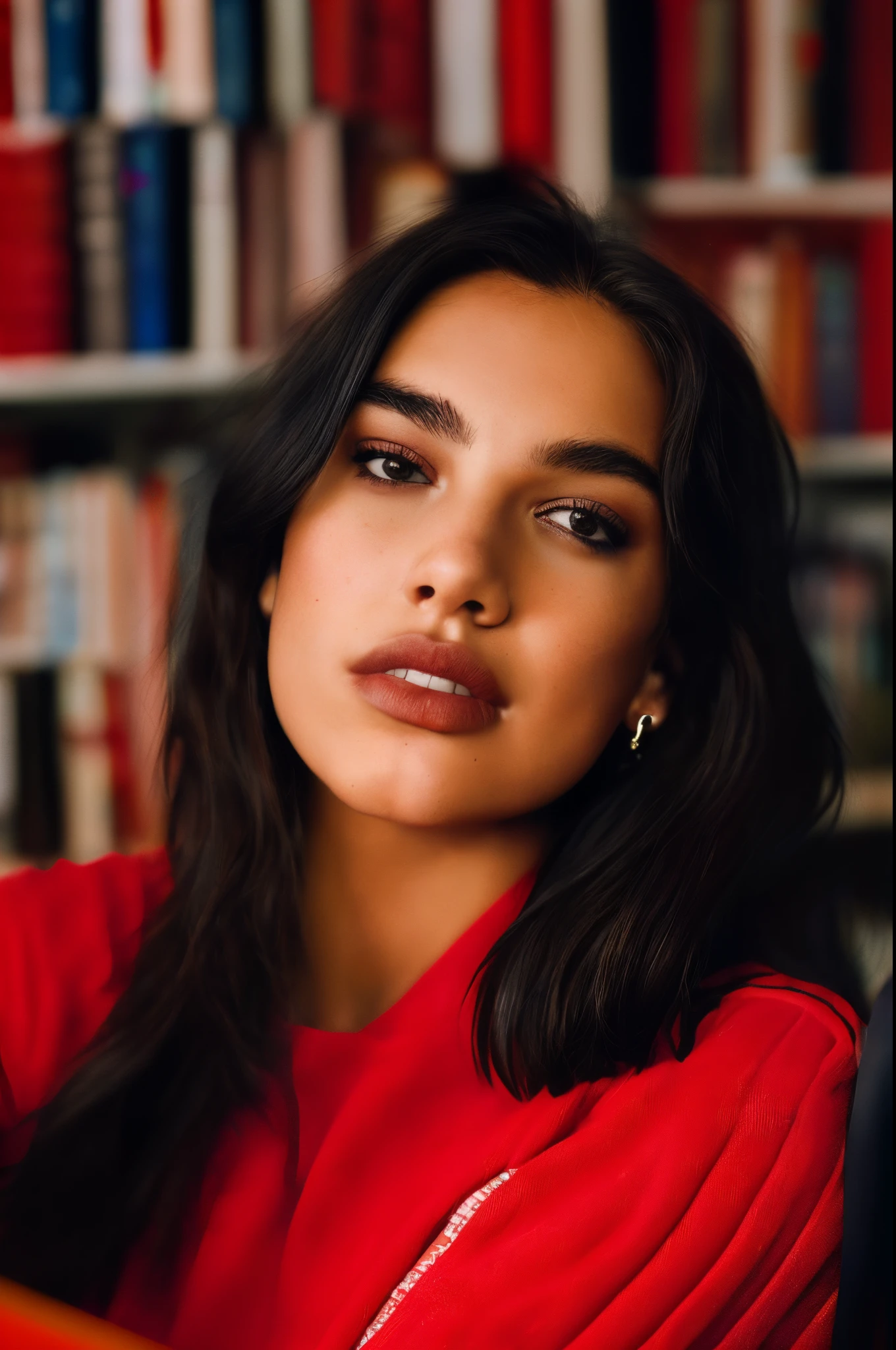 (close-up, editorial photograph of a 21 year old woman), (highly detailed face:1.4) (smile:0.7) (background inside dark, moody, private study:1.3) POV, by DuA_lipA, nikon d850, film stock photograph ,4 kodak portra 400 ,camera f1.6 lens ,rich colors ,hyper realistic ,lifelike texture, dramatic lighting , cinestill 800,