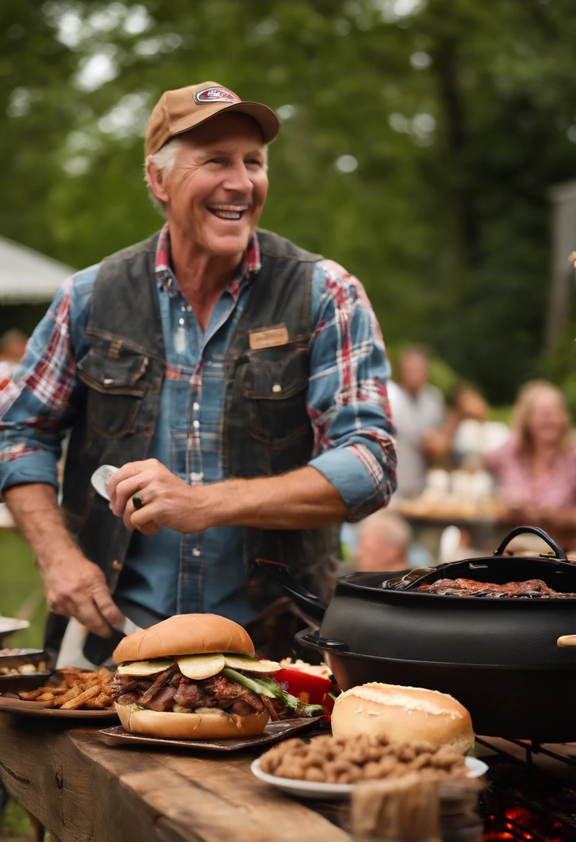 A photo of Cody enjoying some down-home cooking, surrounded by friends and family at a lively backyard barbecue.,original,Cody “Thunder” Johnson, a fictional NASCAR legend, hails from the heart of Alabama, embodying the spirit of a true Southern country boy. He sports a rugged, unpolished look, often seen with a baseball cap, a casual flannel shirt, and jeans, his demeanor as relaxed and easy-going as his attire.