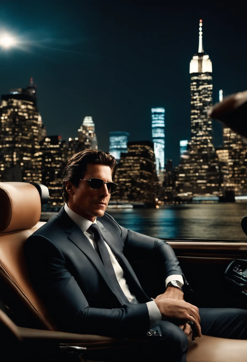 A panoramic view of the New York City skyline from a private helicopter,original,tall, muscular, well groomed with short stylish hair. always wearing designer business suits. looks like christian bale