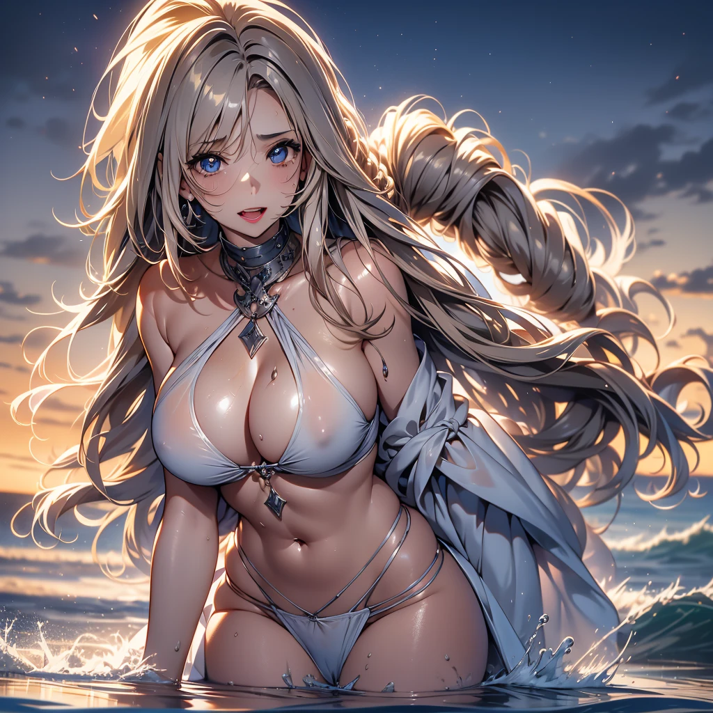 imagem alta, super detalhe, high resolution, anime, manga, illustration, Sente-se no prato, Abrangendo, Beautiful woman, ecstatic expression, Wet and seductive half-open lip, Messy Flowy Layers, Light brown braided half up hairstyle, olhos brilhantes, Seios enormes, sob os peitos, large proportion, perfectly proportions, Fino, corpo inteiro, water splash