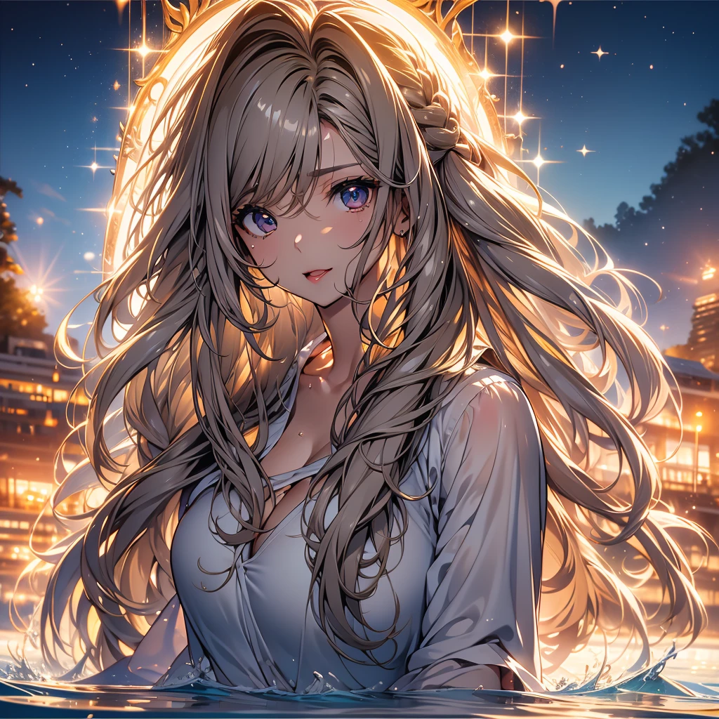 imagem alta, super detalhe, high resolution, anime, manga, illustration, Sente-se no prato, Abrangendo, Beautiful woman, ecstatic expression, Wet and seductive half-open lip, Messy Flowy Layers, Light brown braided half up hairstyle, olhos brilhantes, Seios enormes, sob os peitos, large proportion, perfectly proportions, Fino, corpo inteiro, water splash