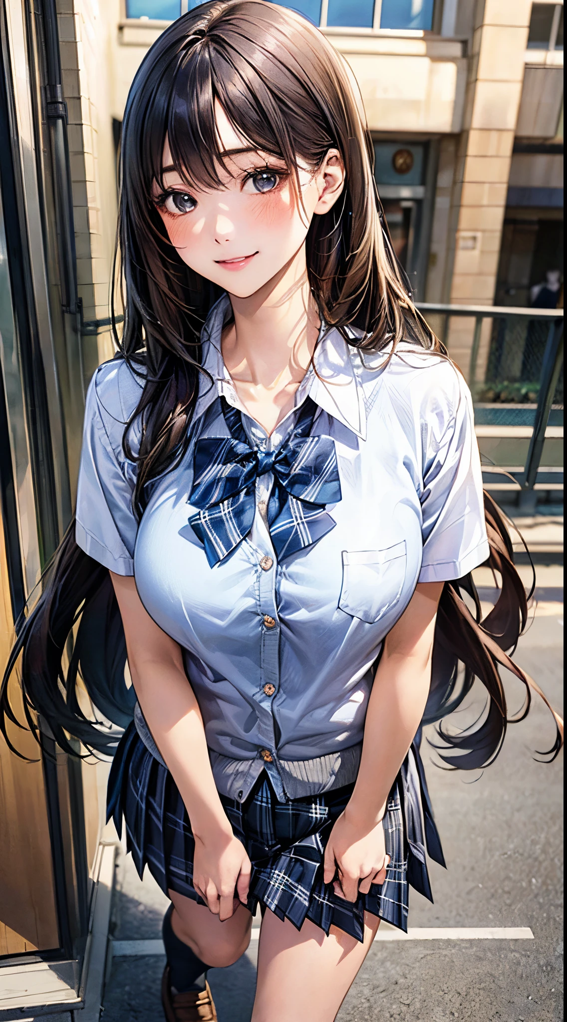 (masterpiece:1.2, top-quality), (realistic, photorealistic:1.4), beautiful illustration, 
looking at viewer, full body, front view:0.6, 
1 girl, japanese, high school girl, (long hair:1.5), blown hair, bangs, hair between eye, large breasts:0.8, 
beautiful hair, beautiful face, beautiful detailed eyes, beautiful clavicle, beautiful body, beautiful chest, beautiful thigh, beautiful legs, beautiful fingers, 
(beautiful scenery), , school,
((collared shirt, white shirt, school uniform, cardigan, grey plaid pleated skirt, blue plaid bow tie)), white panties, 
standing, walking, 
smile, ,