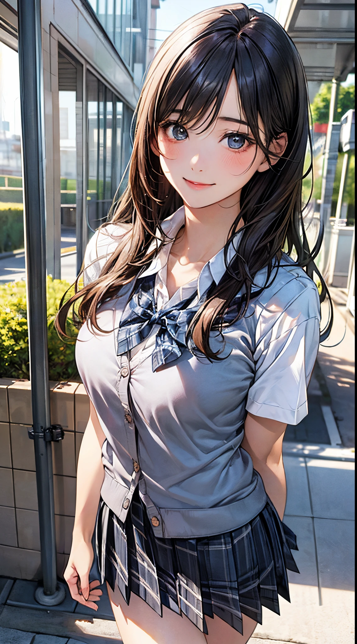 (masterpiece:1.2, top-quality), (realistic, photorealistic:1.4), beautiful illustration, 
looking at viewer, full body, front view:0.6, 
1 girl, japanese, high school girl, (long hair:1.5), blown hair, bangs, hair between eye, large breasts:0.8, 
beautiful hair, beautiful face, beautiful detailed eyes, beautiful clavicle, beautiful body, beautiful chest, beautiful thigh, beautiful legs, beautiful fingers, 
(beautiful scenery), , school,
((collared shirt, white shirt, school uniform, cardigan, grey plaid pleated skirt, blue plaid bow tie)), white panties, 
(squatting, crouching, hands on chest), 
smile, ,