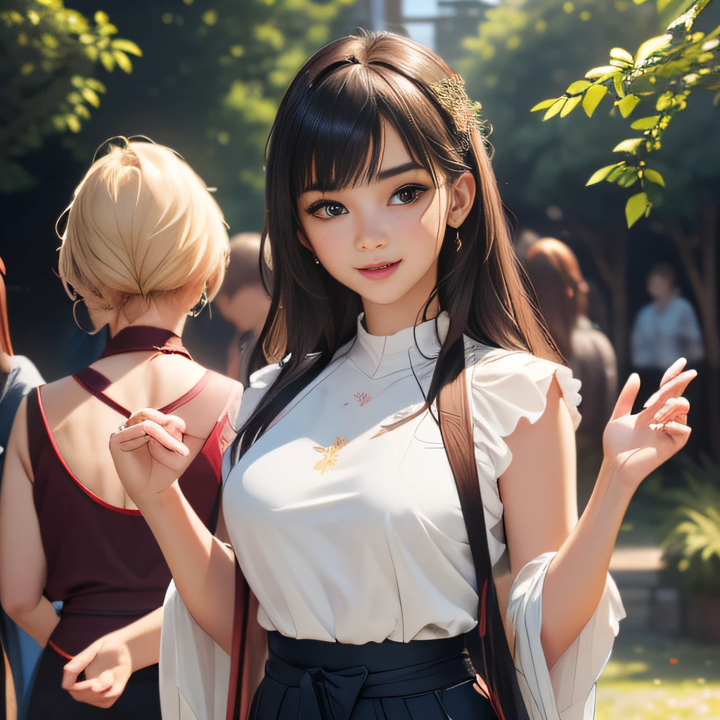 (Extremely detailed 8k wallpaper:2), (photo:2), (26 years old soigne Beautiful girl:2), (gives a lecture to friends:2), detailed (Face and eyes), (hyper realistic:1), (highly detailed:1), (epic realistic:1), rim light, (maximum details:1), cozy, (fullbody:1.3), (looking at viewer:2), (Woman's Attractive Qualities:2), (Attractive Woman:2), (Attractive:2), Smile, Intelligence, Empathy, Gracefulness, Sense of Style, Fitness, Grooming, Optimism, (Sensitivity:2), Sincerity, Romantic Gestures, Playfulness, Fashion Sense, (Sensuality:2), Charm, Modesty, Thoughtfulness, (Femininity:1), Flirtatiousness, Warmth, (Physical attractiveness:2), A beautiful smile, A love of life, strength and power, vulnerability, curiosity, wonder, love, (nature background:2), kawaii, waifu, Beautiful breasts, (attractive body:2), (Beautiful body:2), Beautiful pose, attractive pose, (Beautiful legs:1.0), (Beautiful clothes:1), (classic clothes:2), (elegant clothes:2), (European clothes:2), detailed clothes, (skirt:1), (blouse:1), (provocative pose)