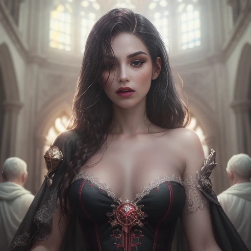 (master part), best quality, olhos malignos expressivos, rosto perfeito, presas de vampiro, vampiro, nobre, rainha vampira, sedutor, Gothic top,  corpo inteiro, Escuro, bebida de sangue, lo gothic, Gothic cathedral in background,