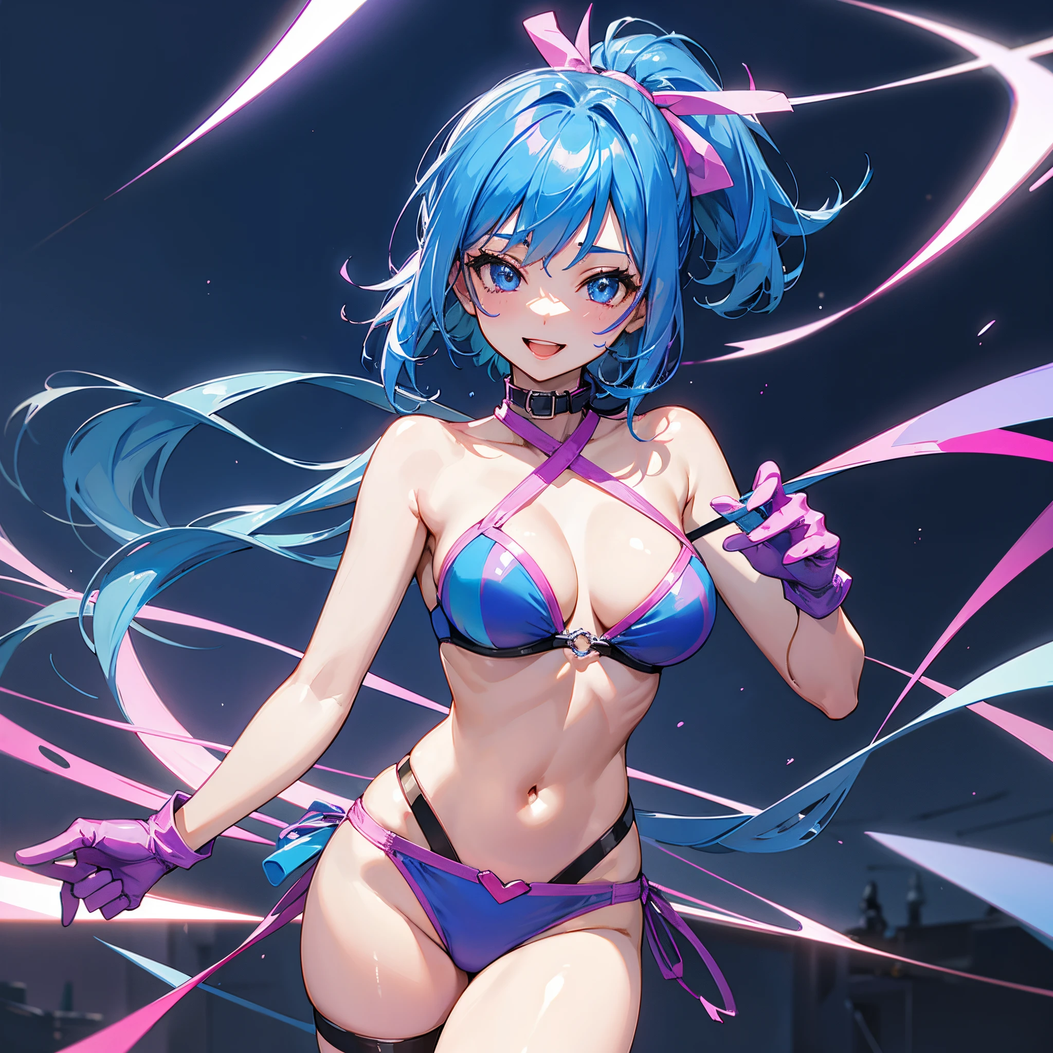 ;D, Smile,, Blue hair, breasts, Pink and purple gloves, blue strip bikini,nighttime scene、