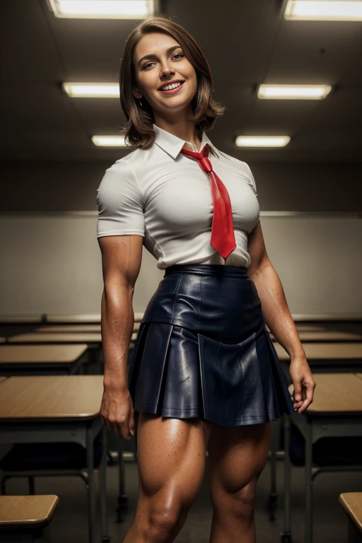Resident evil, Viewed from below, dtamatic lighting, Ms Olympia giant Naomi cambell, photoshoot studio quality lighting, heavily muscled iffb pro female bodybuilder , humongous muscular chest,((school uniforms:1.4)) ( ((high school)),((white shirt)), ((red tie)), ((dark blue leather skirt:1.3)) ((in the class room:1.3)) ((thin_fabric:1.4)) ((random pose:1.3)) ((sweaty:1.5))((face is flushed:1.4)) ((big muscles:1.4)) ((close-up:1.2)) best quality,masterpiece,ultra high res,(photorealistic:1.4),raw photo,(Authentic skin texture:1.3),(film grain:1.3),panorama,character portrait,very wide shot,narrow waist,cowboy shot,(in the dark, deep shadow, low key, cold light,) night,streaming tears,,dust,Tyndall effect,(expression),beautiful detailed eyes and face,white jabot,brown eyes,((brown hair:1.2)) ((full body:1.3)) ((smile:1.3))