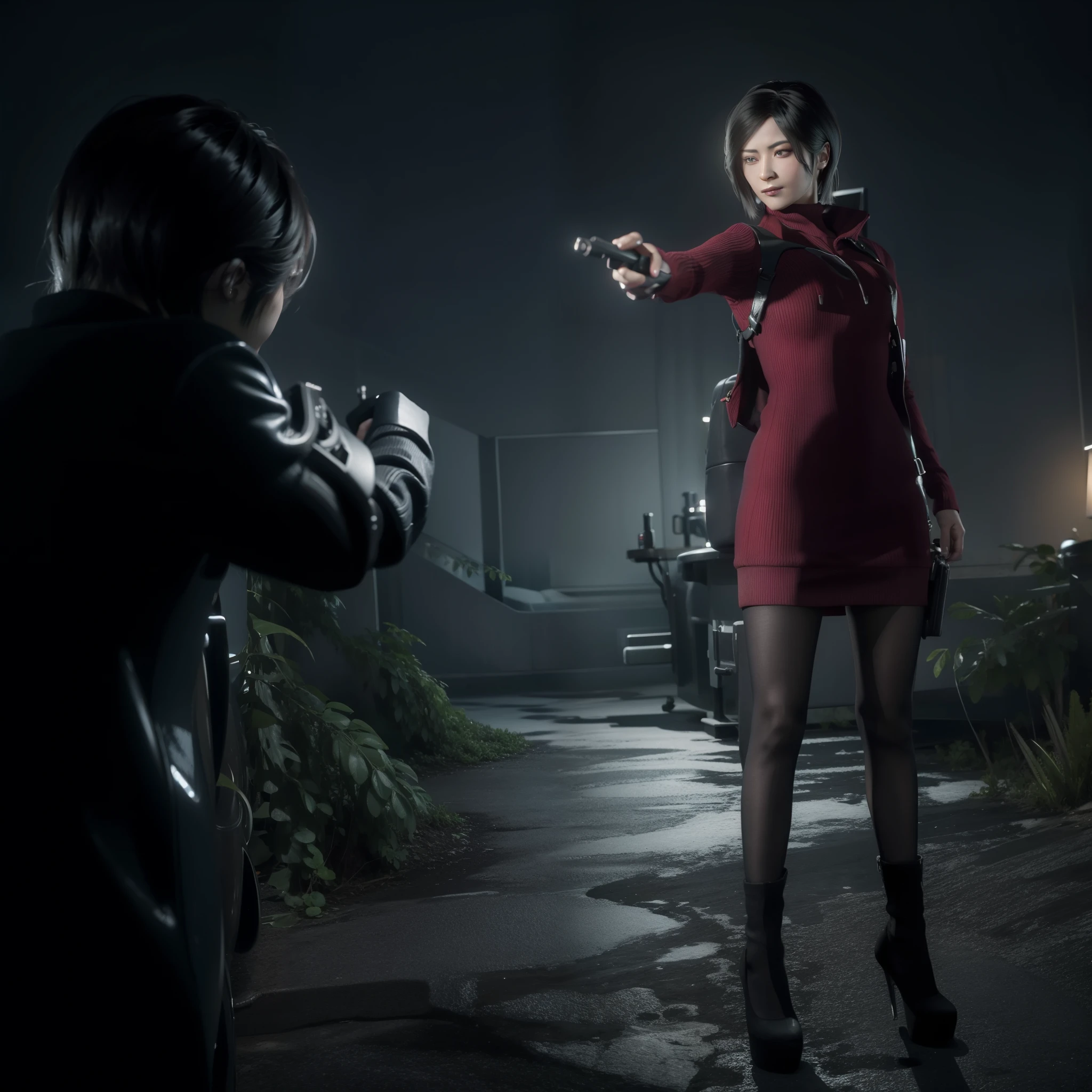 Woman, Ada wong, panic expression, glazed eyes, wearing mini red dress with hoody, black nails polish