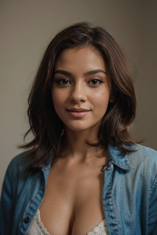 Fotografia de uma mulher muito bonita, com longos cabelos ondulados, pele castanha clara, olhos castanhos, corpo inteiro, vestindo uma jaqueta de couro, face centrada, sorriso suave, Rosto detalhado, efeito cinema, Fundo da imagem barzinho, editado no Adobe Premiere, 8k. as realistic as possible