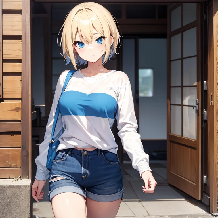 1girl, blonde, rags, dirty slotches, dirty on face, short hair, blue eyes, flat chest, , homeless, trash , trash bags, outdoors