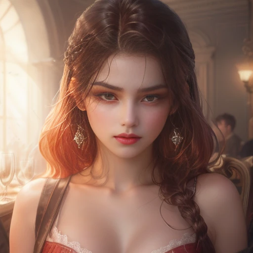 (masterpiece), best quality, expressive eyes, perfect face, 1 girl, half portrait, close up, looking at viewer, long wine red hair, bright red eyes, pale white skin, large boobs, smooth skin, thick thighs, thick legs, standing, located in a luxurious palace, wearing a black negligee, no crown, extremely high detailed face, extremely high detailed body, high detailed eyes, detailed clothing, detailed environment, cold expression, 4k quality, high definition, no head accessories, breast_grab, arched back, devil pupils, lipstick, HDR,UHD,8K, Professional, Vivid Colors, Cinematic Lighting, extreme detail description