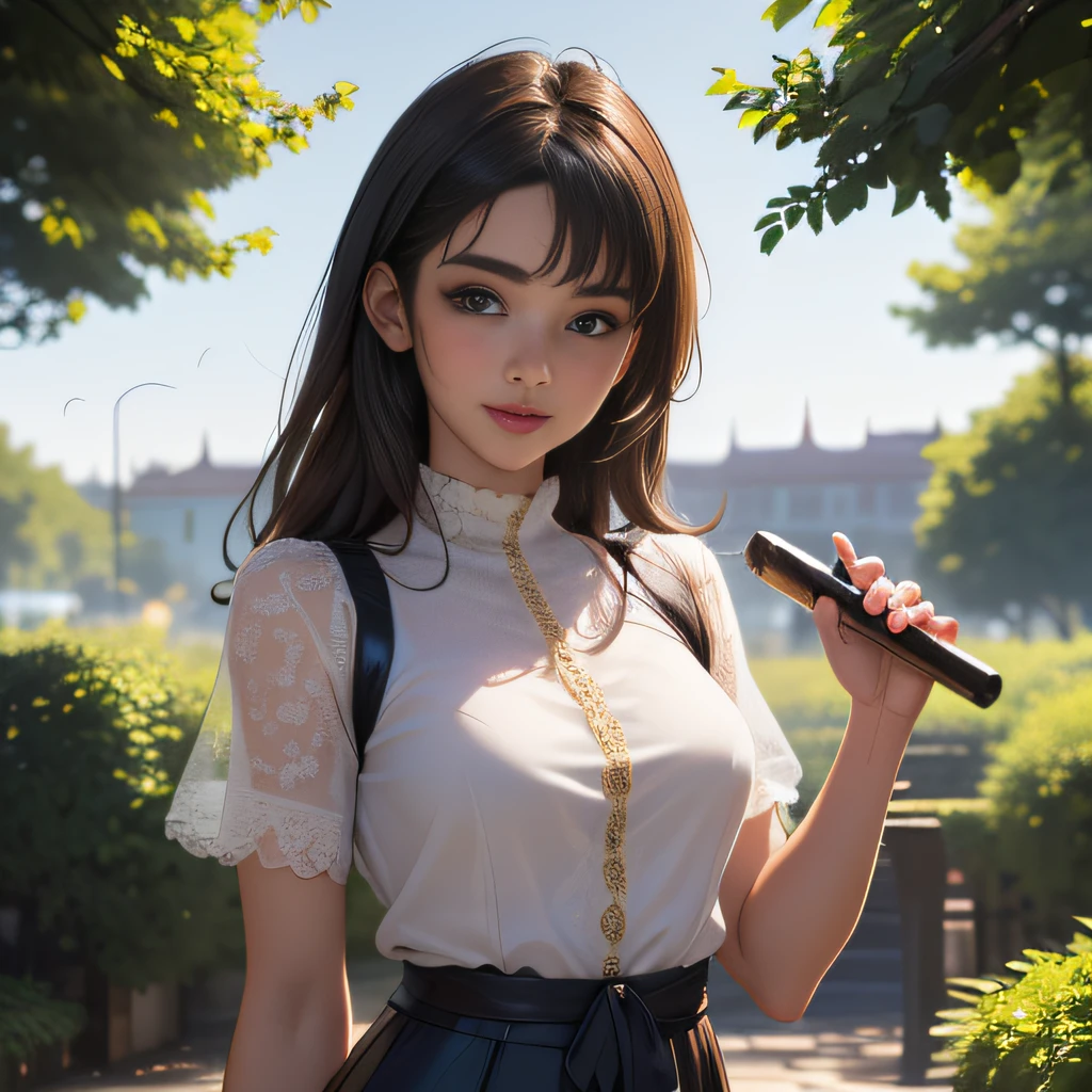 (Extremely detailed 8k wallpaper:2), (photo:2), (26 years old soigne Beautiful girl:2), (gives a lecture to friends:2), detailed (Face and eyes), (hyper realistic:1), (highly detailed:1), (epic realistic:1), rim light, (maximum details:1), cozy, (fullbody:1.3), (looking at viewer:2), (Woman's Attractive Qualities:2), (Attractive Woman:2), (Attractive:2), Smile, Intelligence, Empathy, Gracefulness, Sense of Style, Fitness, Grooming, Optimism, (Sensitivity:2), Sincerity, Romantic Gestures, Playfulness, Fashion Sense, (Sensuality:2), Charm, Modesty, Thoughtfulness, (Femininity:1), Flirtatiousness, Warmth, (Physical attractiveness:2), A beautiful smile, A love of life, strength and power, vulnerability, curiosity, wonder, love, (nature background:2), kawaii, waifu, Beautiful breasts, (attractive body:2), (Beautiful body:2), Beautiful pose, attractive pose, (Beautiful legs:1.0), (Beautiful clothes:1), (classic clothes:2), (elegant clothes:2), (European clothes:2), detailed clothes, (skirt:1), (blouse:1), (provocative pose)