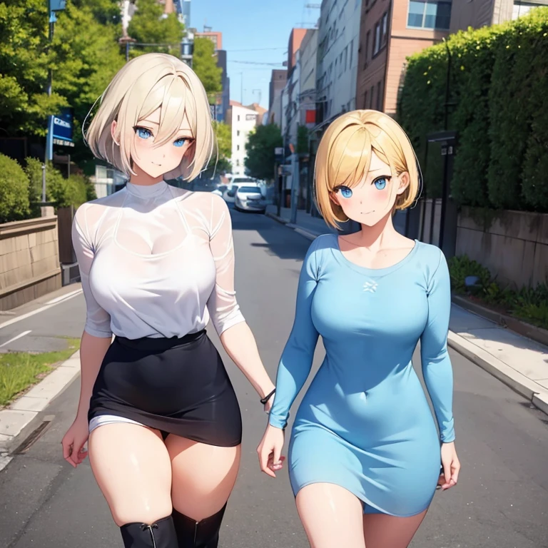 2D anime style、Blue eyes、Adults、Breasts are large、a cool、fluttering short blonde hair、Beautuful Women、Knitted Dresses、boots、full bodyesbian、Will、1人、Walking