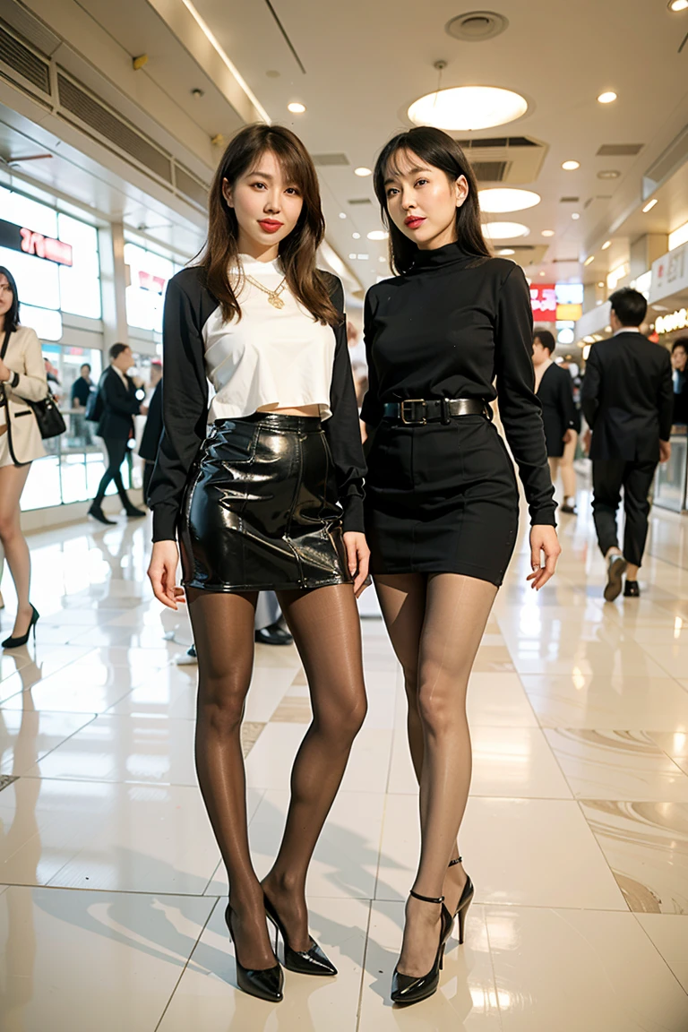 wavy and long hair，heavy  makeups，Redlip，white skinned，mature， legs long，The whole body can be seen，Ultra-thin flesh-colored pantyhose，In luxury shopping mall，Have a well-proportioned figure，Skin color pantyhose，Temperament long sleeves，legs long，Very short pleated skirt，through bangs