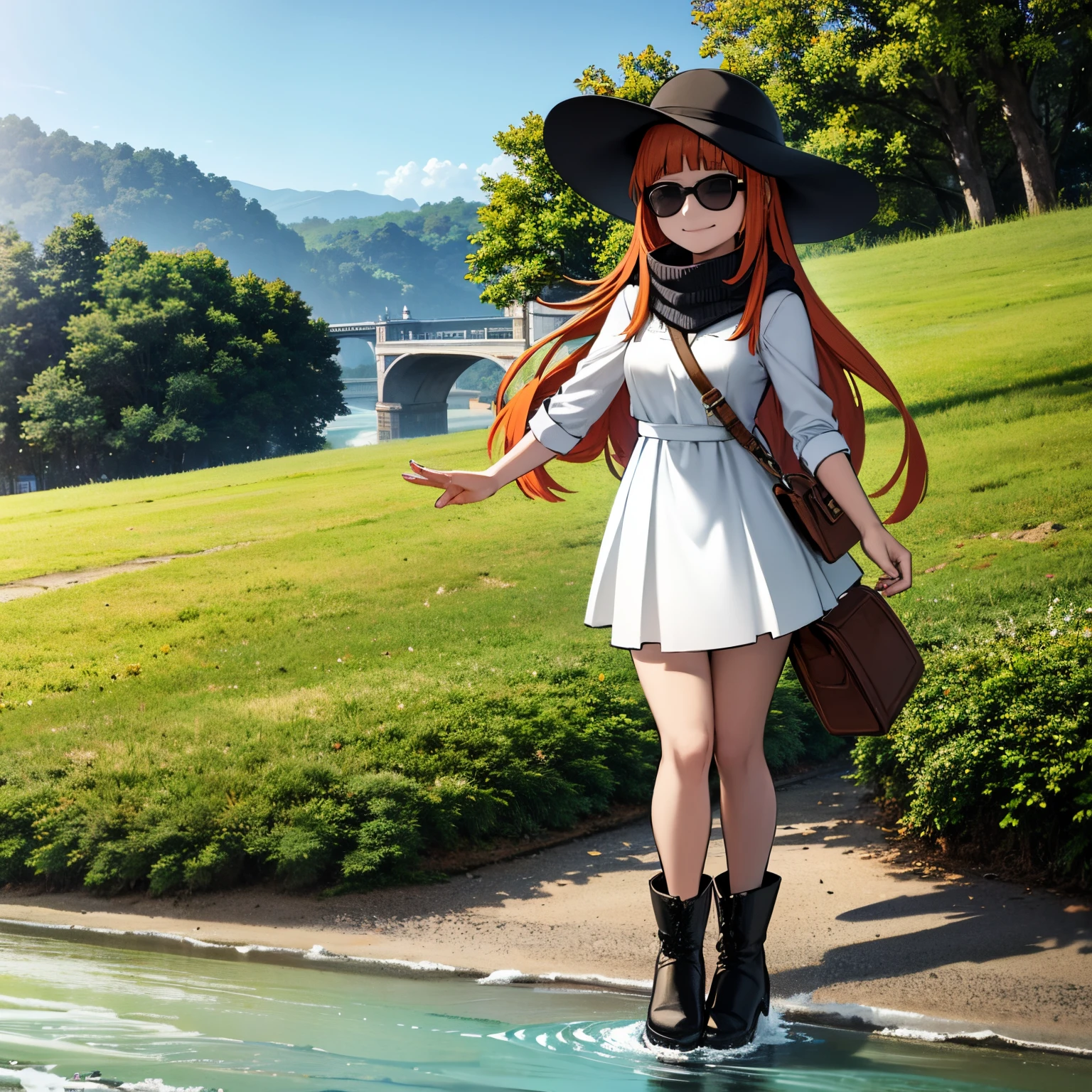 Young girl, orange hair, wearing black scarf, white dress, black boots, wearing sun glasses, in europe, london streets, tourist, tamisa river in background, smilling, full body in art, 4k, masterpiece, good anathomy