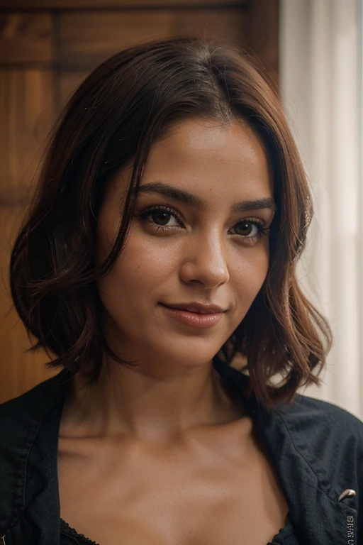 Fotografia de uma mulher muito bonita, com longos cabelos ondulados, pele castanha clara, olhos castanhos, corpo inteiro, vestindo uma jaqueta de couro, face centrada, sorriso suave, Rosto detalhado, efeito cinema, Fundo da imagem barzinho, editado no Adobe Premiere, 8k. as realistic as possible