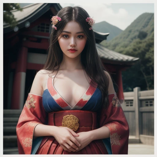 (masterpiece),long shot ,best quality, expressive eyes, perfect face, 1 girl, (japanese shrine maiden outfit), japanese shrine background, fox ears, 9 tails, black long hair, golden eyes, big boobs, busty body