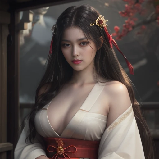 (masterpiece),long shot ,best quality, expressive eyes, perfect face, 1 girl, (japanese shrine maiden outfit), japanese shrine background, fox ears, 9 tails, black long hair, golden eyes, big boobs, busty body