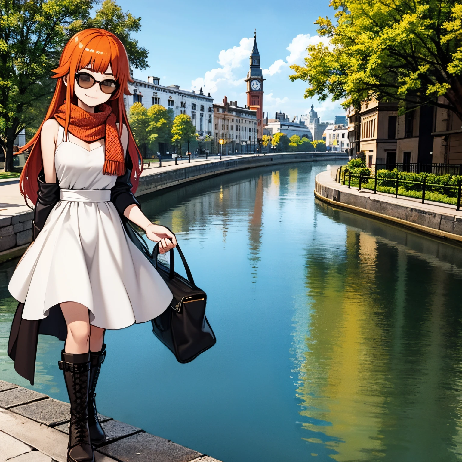 Young girl, orange hair, wearing black scarf, white dress, black boots, wearing sun glasses, in europe, london streets, tourist, tamisa river in background, smilling, full body in art, 4k, masterpiece, good anathomy