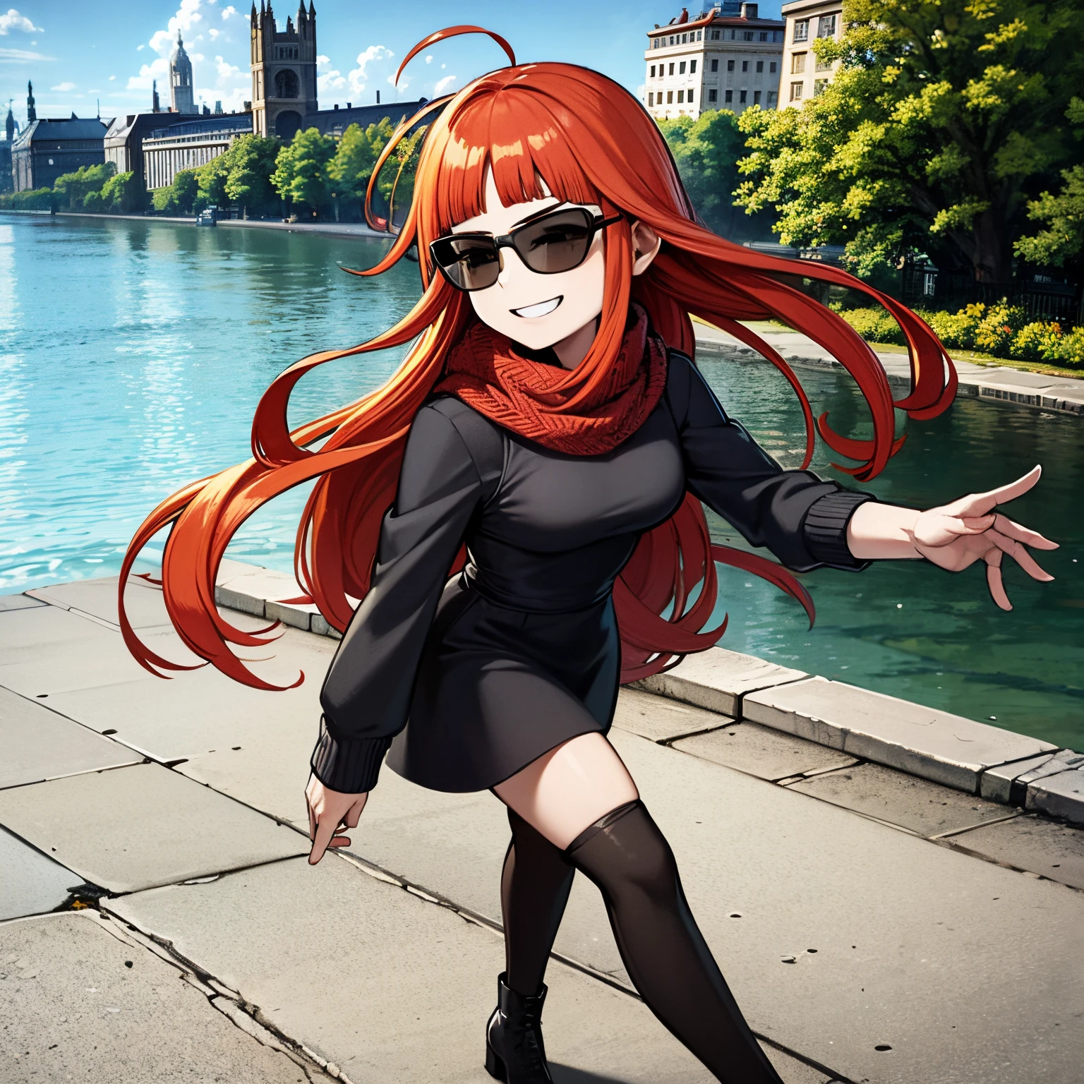 Young girl, orange hair, wearing black scarf, white dress, black boots, wearing sun glasses, in europe, london streets, tourist, tamisa river in background, smilling, full body in art, 4k, masterpiece, good anathomy